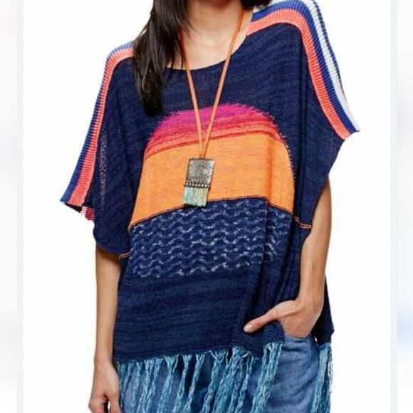FREE PEOPLE RARE Boho Sunset Knit Rainbow Fringe Trim Poncho Sweater XS - Picture 3 of 7